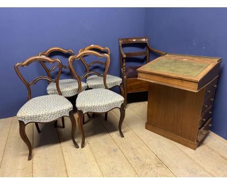 A davenport with green tooled leather top and brass galleried back, as set of 5 upholstered dining chairs, and a chair commod