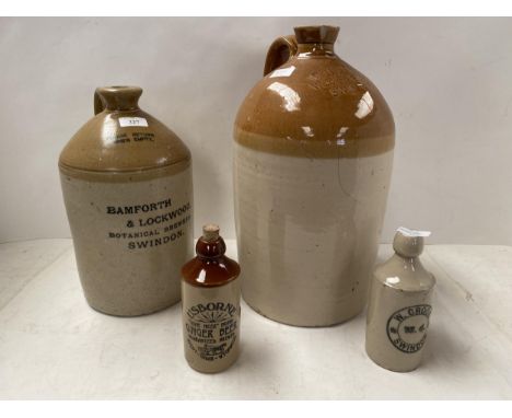 Two stoneware flagons with local provenance:  stamped WH Haynes, Wholesale Grocer Swindon; and another:  Bamforth &amp; Lockw