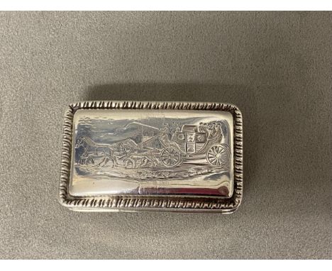 Regency Hallmarked Silver hip shape snuff box, the lid engraved a coaching scene by Matthew Linwood, Birmingham 1811 