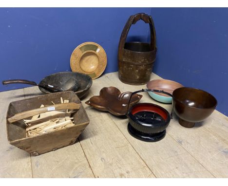 Quantity of decorative wooden items, including old ethnic bowl and ladle, bucket, etc 
