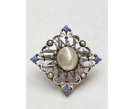 Late C19th blister pearl diamond and enamel brooch, by Carlo Giuliano. Marked CG to oval cartouche, central natural salt wate
