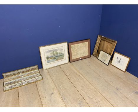 Qty of framed &amp; glazed maps, Wiltshire, BRYAN HANLON pencil sketch of pheasants preening, humorous hunting prints; C. PYN