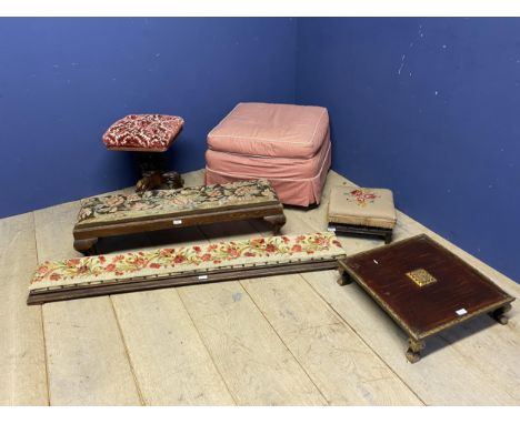 Six various upholstered/tapestry and wooden stools, including a walnut piano stool, a pink pouffe stool, see images for detai
