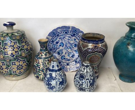 Middle Eastern style decorative pottery and ceramic wares, vases, pots, plates etc (7) all with various wear 