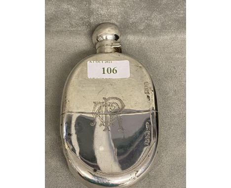 Sterling silver oval hip flask, London 1903 by Frederick Bradford Macrea (Army &amp; Navy Coop Society ltd) 