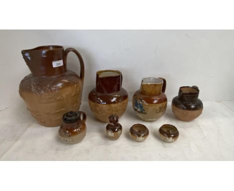 Qty of Royal Doulton jugs, embossed hunting scenes &amp; pepperettes, miniature pots etc, &amp; Doulton Lambeth blue glazed j