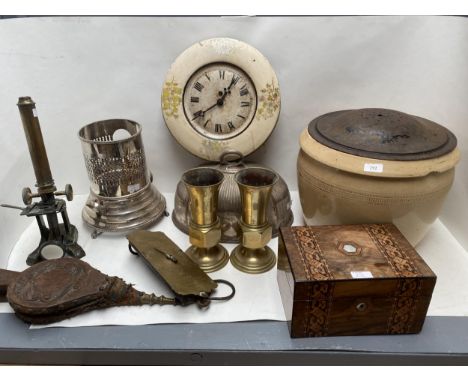 A general lot of miscellaneous collectables, including , a vintage bread bin, oil lamp, brass vases, bellows, clocks, meat co