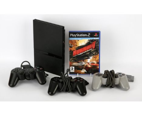 PlayStation 2 (PS2) Slim console [Black] with 3 controllers, original power supply and Burnout Revenge game (PAL) Controllers