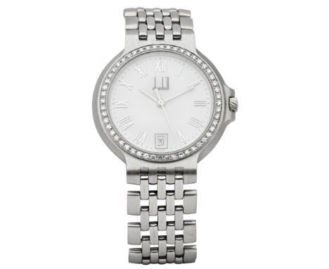 DUNHILL - A diamond and platinum cased wrist watch  Elite model, plain brushed platinum case, diamond set bezel, white dial w