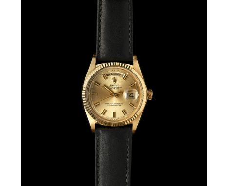 ROLEX - A gentleman's 18ct gold cased wrist watch  Oyster Perpetual Day Date, Ref. 1803, Serial no. 2076418, circa 1966, beve