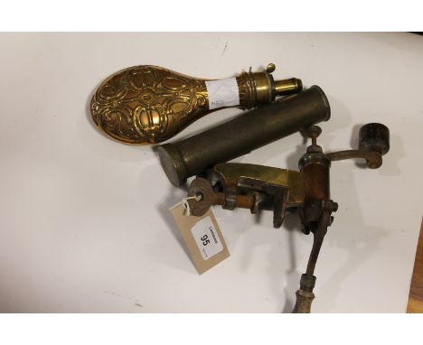 SHOTGUN CARTRIDGE LOADING TOOL etc A brass and copper bench loading shotgun cartridge device, also a brass and copper powder 