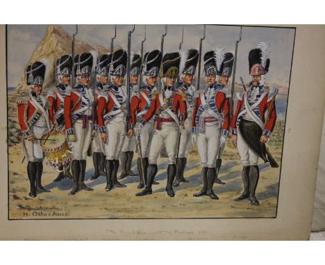 TWO H. OAKES JONES MILITARY WATERCOLOURS. The first depicts the Royal Regiment of Fusiliers C1785, with the title 'The Tale o