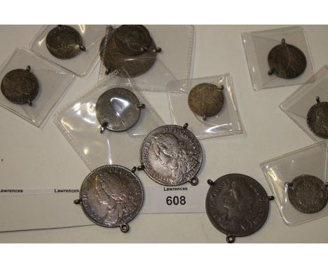 MOUNTED 18thC COINS. (12) Silver coins including Halfcrowns of James 11 1686, William 111 1697 and two of George 11 Lima belo