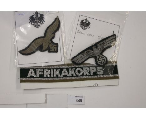 AN AFRIKA CORPS CUFF TITLE etc An Afrika Corps Cuff Title, also Army & Luftwaffe breast Eagles.