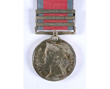 A THREE BAR MGS TO AN OFFICER IN THE 12th Lt DRAGOONS. A three bar Military General Service medal in unworn condition, correc