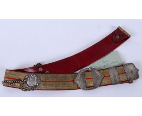 A 7th LIGHT CAVALRY OFFICERS SHOULDERBELT. An Indian Officers Victorian 7th Light Cavalry Shoulderbelt with hallmarked silver