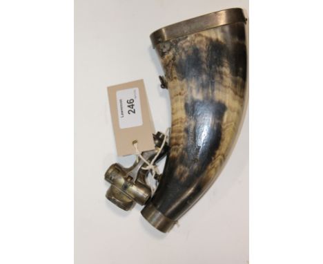 A POWDER HORN. A powder flask with brass mounts and 10.3/4" overall length.