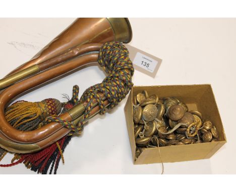 A MILITARY BUGLE ALSO VARIOUS BUTTONS & PIPS. A copper and brass Bugle marked Class B, Hawkes & Son, Denman Street, Piccadill