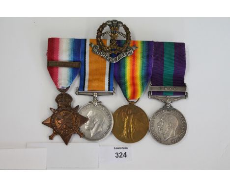 A 1914 STAR/BAR TRIO & GSM bar IRAQ TO THE MIDDLESEX REGT/RB. .A 1014 Star with Bar named to L-14184 Pte H Allgrove 4/Middx R