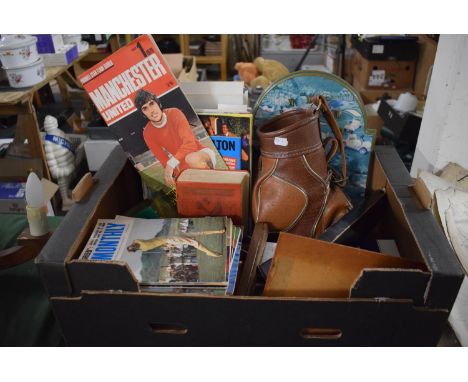 A Box Containing Various Golfing Magazines and Sundries, Golf Ball Cleaner, Manchester United Printed Ephemera, Football Prog