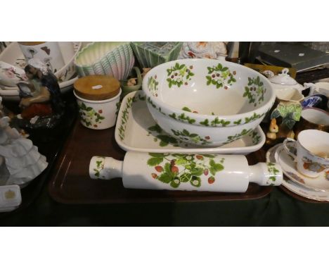 A Tray Containing Four Pieces of Portmeirion Summer Strawberry, Rolling Pin, Mixing Bowl, Oven to Table Dish and Storage Jar 