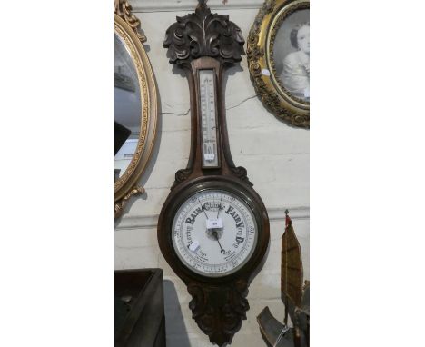 A Late Victorian Oak Cased Presentation Onion Topped Wheel Aneroid Barometer with Temperature Scale, Plaque Inscribed 1st Arg