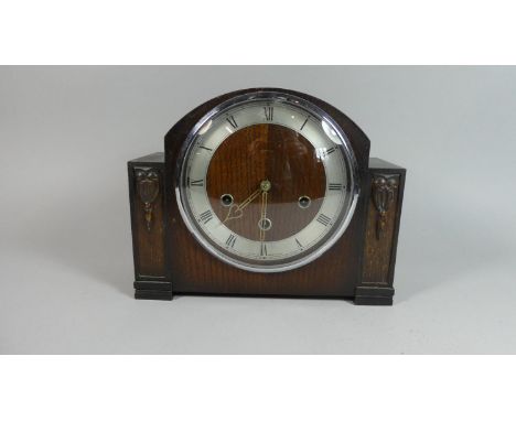 An Edwardian Oak Westminster Chime Mantle Clock with Arched Top, 28cm Wide 