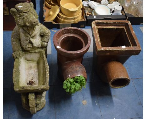 A Two Treacle Glazed Vintage Drain S Bends and a Patio Planter in the Form of a Fox with Wheel Barrow 