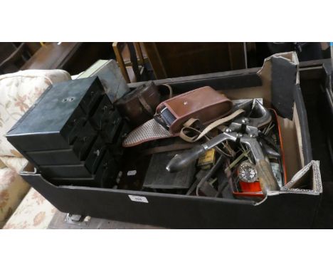 A Box Containing Various Tools, Italian Burdizzo, Vintage Tins and Boxes, Needles and Sewing Accessories etc 