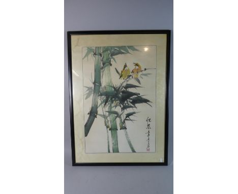 A Framed Chinese Water Colour Depicting Birds in Bamboo Tree, Signed and with Seal Mark, 67cm High 