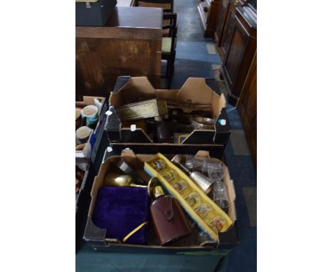 A Two Boxes of Ceramics, Metalwares, Hip Flasks, Vintage Tins etc 