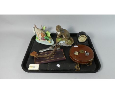 A Tray of Curios to Include Steel Pen Nib Selection, Slide Rule, Leather Cased Tape Measure, Rototherm Thermometer, Animal an
