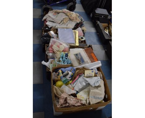 Four Boxes of Vintage Fabrics, Needle Work Tapestry, Greetings Cards, Crochet Work, Furs etc 