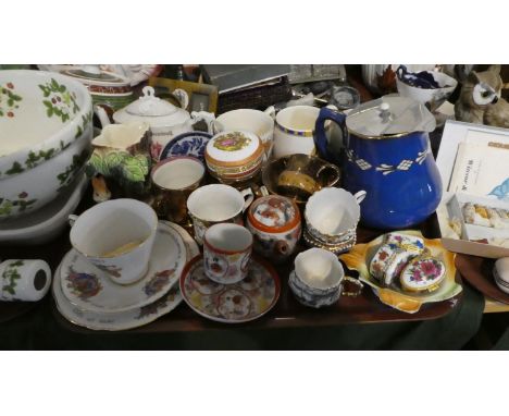 A Tray of Ceramics to Include Coronation Trio, Various Commemorative Mugs, Oriental Miniature Teapot and Coffee Can and Sauce