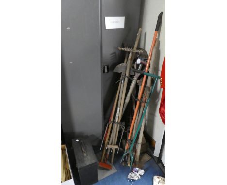 A Collection of Various Vintage Garden Tools and a Box of 78rpm Records 