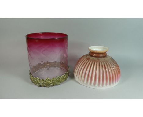 A Cylindrical Glass Lamp Shade with Brass Mount Together with a Ribbed Opaque Glass Example, Cranberry Shade 23cm High and 20