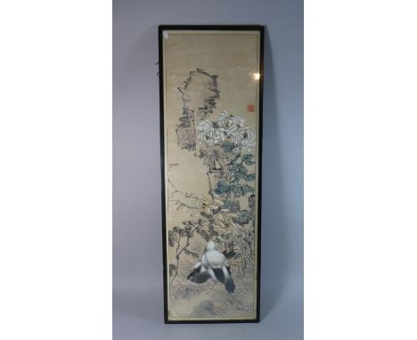 A Framed Chinese Picture Depicting Birds in Garden, Seal Mark and Paper Label Verso Dated 12th February 1930 