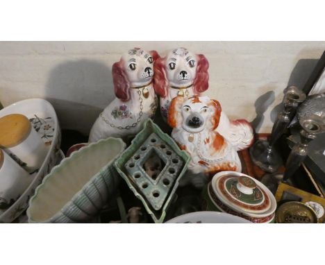 A Tray of Vintage Ceramics to Include Sylvac Planter, Staffordshire Dogs, Art Deco Ceramic Planter, Continental Pigs in Baske