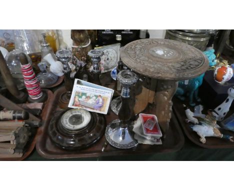 A Tray of Treenware to Include Two Pairs of Candle Sticks, Circular Aneroid Barometer, Pin Cushion, Folding Tripod Table also