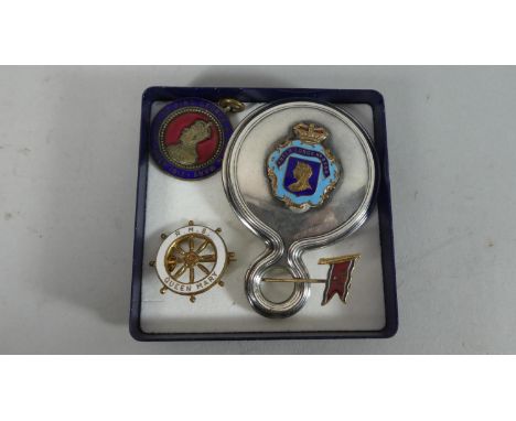 A RMS Queen Mary Enamelled Badge in the Form of Ships Wheel, Royal Visit to Liverpool Enamel Badge, Masonic Handbag Mirror an