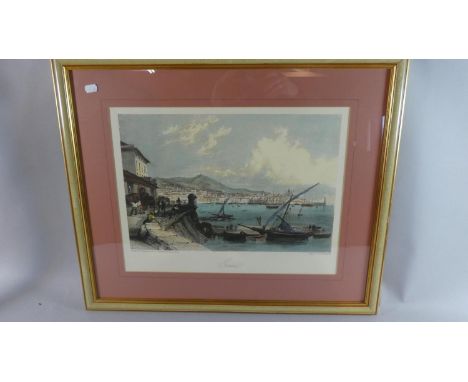 A Framed Coloured Engraving Print, Genoa, 48cm Wide 