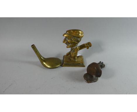 A Brass Novelty Paperweight in the Form of a Caricature Golfer, a Door Knocker in the Form of a Golf Driver and a Ball and a 