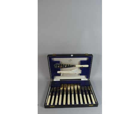 A Walker and Hall Bone Handled Set Comprising Six Fish Knifes and Forks and Pair of Servers 