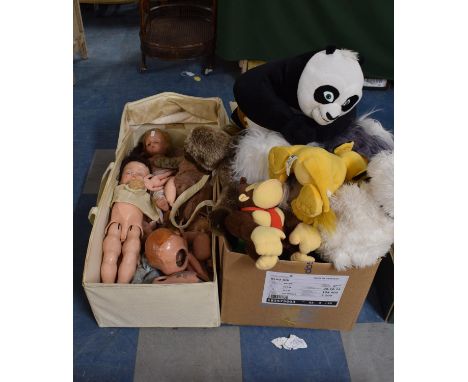 A Box of Various Soft Toys and a Box of Vintage Dolls 