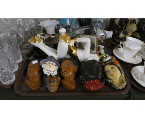 A Tray Containing Various Wall Pockets and Plaques, Novelty Bunny Girl Teapot, Animal Ornaments etc 