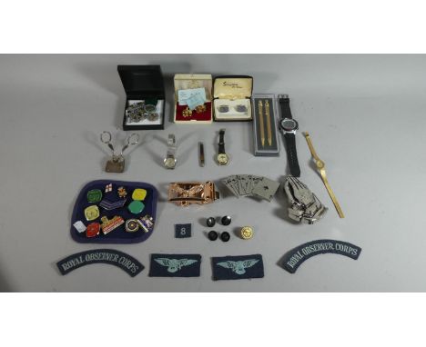 A Tray of Curios to Include Wrist Watches, Enamelled Badges, Cufflinks, American Eagle Belt Buckle, Pen Set Etc 
