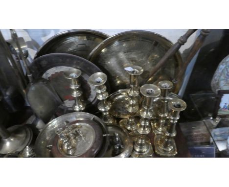 A Tray of Brassware to Include Three Pairs of Candle Sticks, Two Trays, Sweet Thermometer etc 