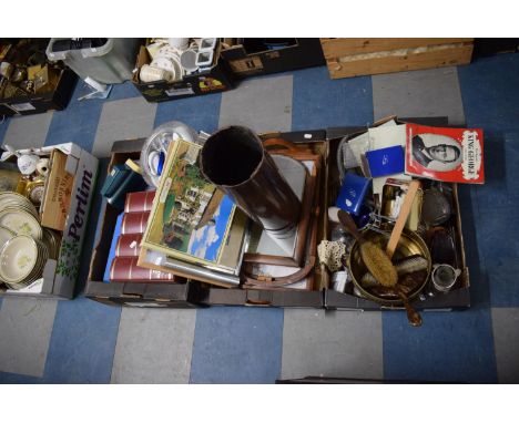 Three Boxes of Sundries to Include Silver Plate, Vintage Tins, Mirrors, Jigsaw Puzzle, Torch etc 