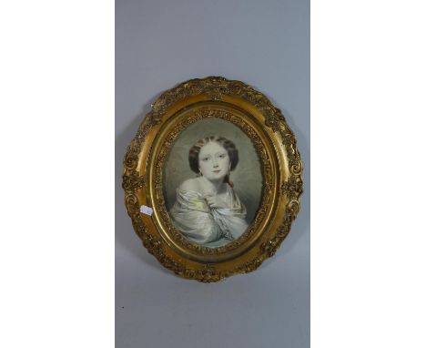 A Gilt Framed 19th Century Hand Coloured Print of a Maiden, 39cm High 