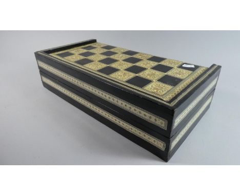 A Micro Mosaic Inlaid Chess and Backgammon Games Box Decorated in the Islamic Style with Mother of Pearl, 40cm Wide, Complete